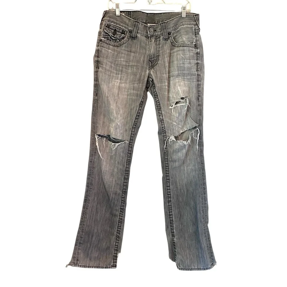 True Religion Ricky Jean Gray Wash Distressed Flap USA Straight Sz 31 Fit 32